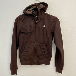 OBEY Rebel Yell Fleece Juniors Brown Faux Cracked Leather Zip Up Hooded Jacket.